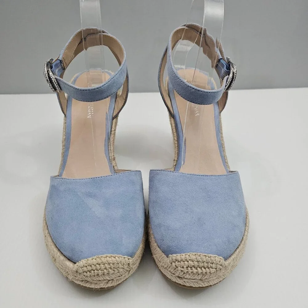 Stuart Weitzman Crystal Buckle Wedge Womens 10 Cornflower Blue Suede Espadrille - Picture 8 of 16